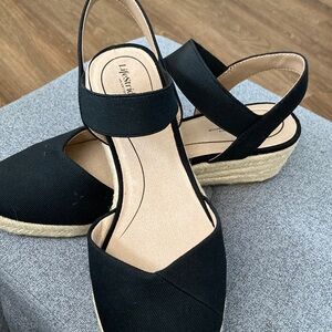 Life Stride Black Espadrille Wedges New in Box